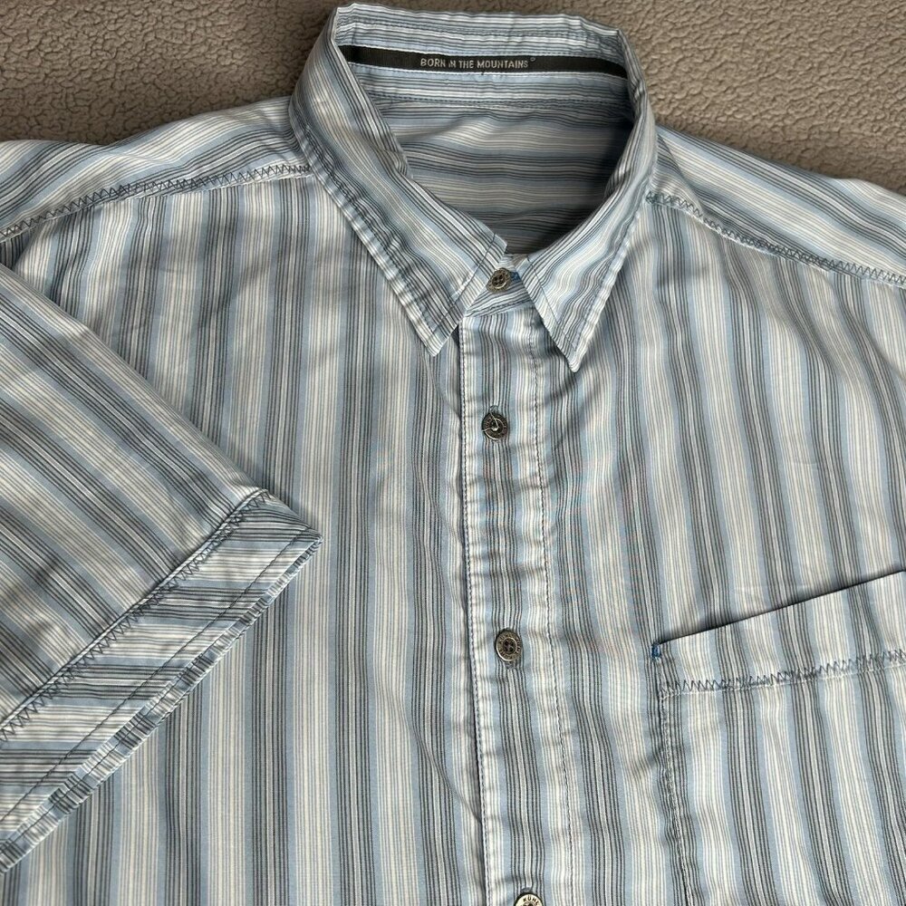 Kuhl Shirt Mens Large Blue Stripe Short Sleeve Button Front Outdoor Hiking Light